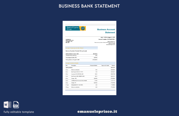 modello di estratto conto aziendale della Banca di Cipro in stile verificato Mod